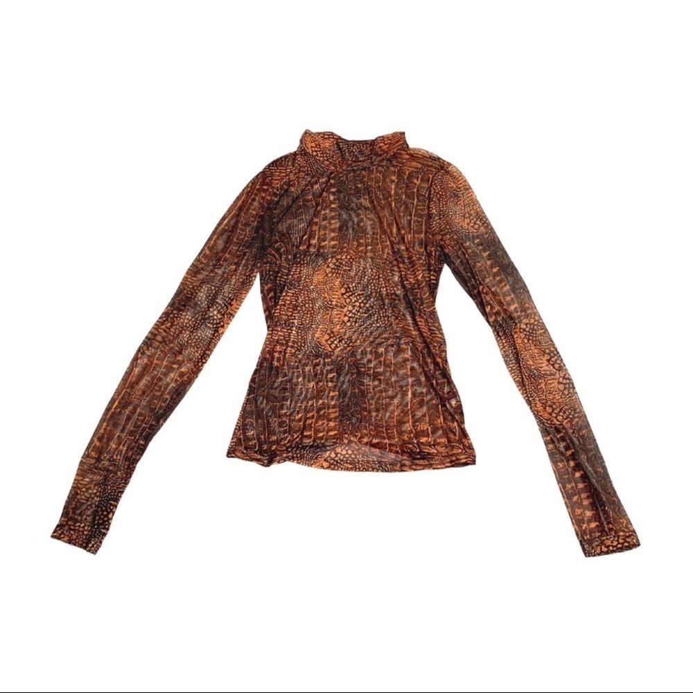 Mock neck crocodile mesh sheer top
